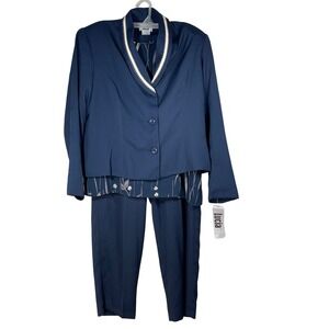 Lucia 3pc Pantsuit Indigo Navy Blue Blazer Floral Shell Trousers 16 NWT vtg